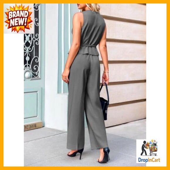 V-Neck Sleeveless Blazer Vest Pleated Wide Leg Pantsuit Set Business Casual - Picture 6 of 7